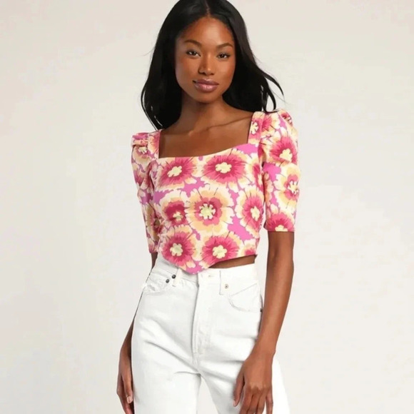 Free People Give Me More Pink Multi Floral Half Sleeve Crop Top - Picture 1 of 5